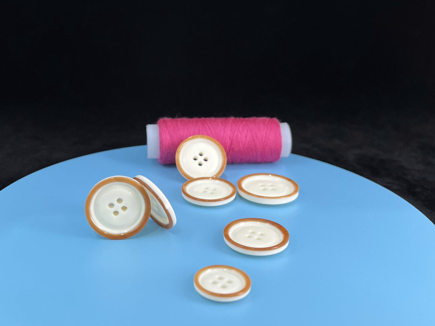 Beige with Brown Rim Two Tone Buttons, 15mm-23mm (24L-36L). 4-Hole Sew On for Suits, Pants, Dresses, Coats, Jackets & Sweaters