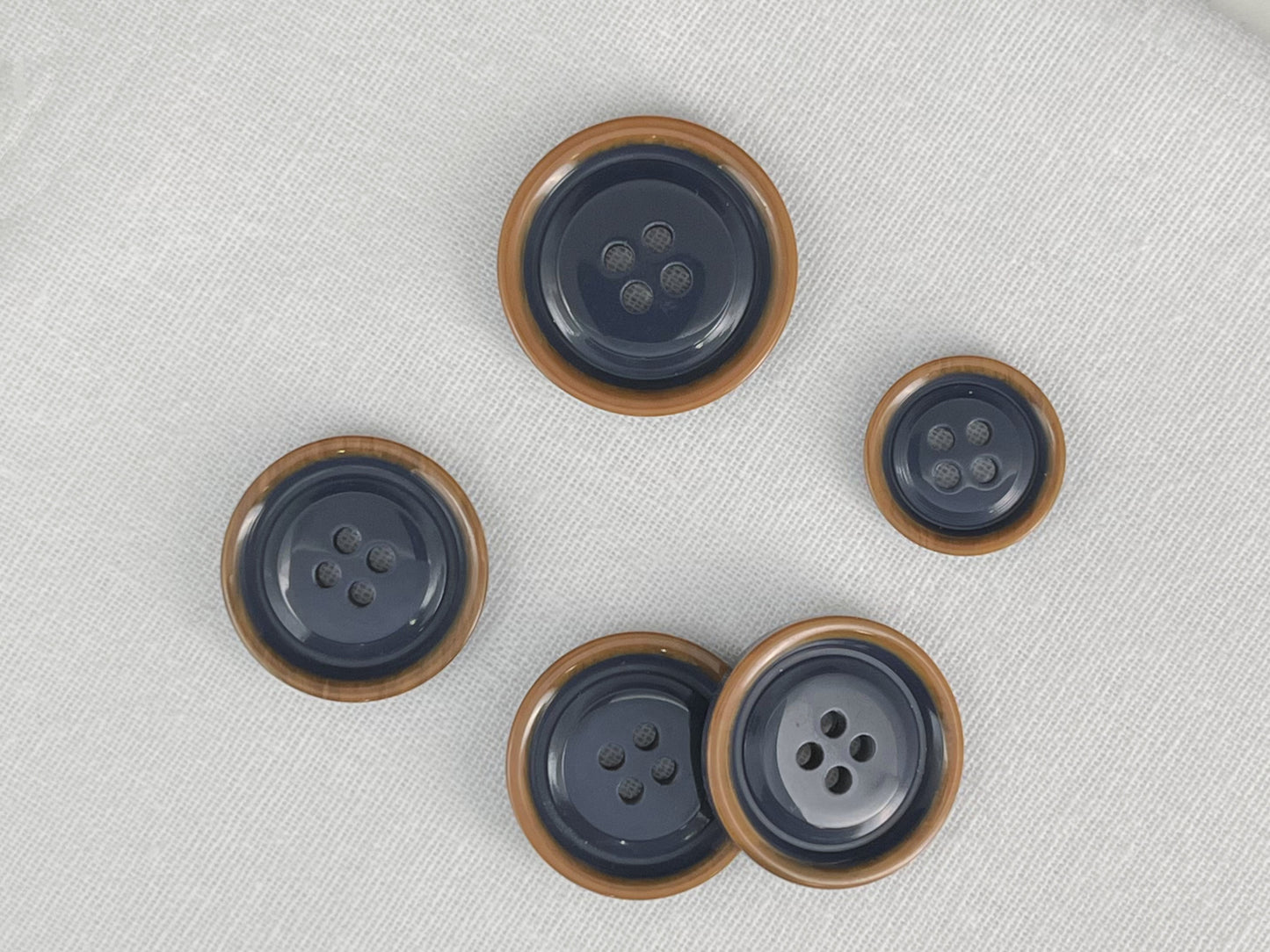 Blue with Brown Rim Two Tone Buttons, 15mm-23mm (24L-36L). 4-Hole Sew On for Suits, Pants, Dresses, Coats, Jackets & Sweaters