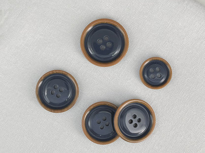 Blue with Brown Rim Two Tone Buttons, 15mm-23mm (24L-36L). 4-Hole Sew On for Suits, Pants, Dresses, Coats, Jackets & Sweaters