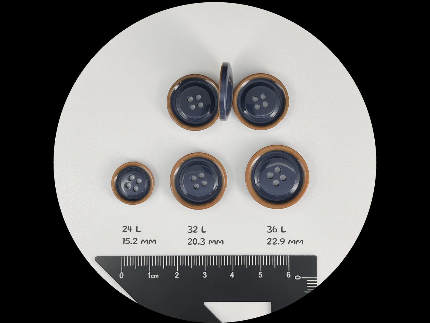 Blue with Brown Rim Two Tone Buttons, 15mm-23mm (24L-36L). 4-Hole Sew On for Suits, Pants, Dresses, Coats, Jackets & Sweaters
