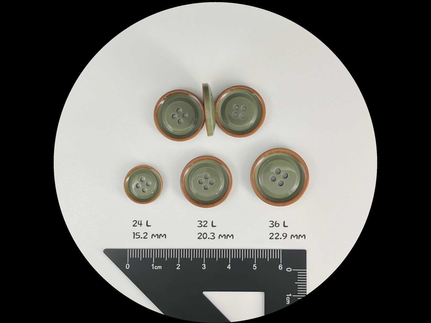 Sage Green with Brown Rim Two Tone Buttons, 15mm-23mm (24L-36L). 4-Hole Sew On for Suits, Pants, Dresses, Coats, Jackets & Sweaters