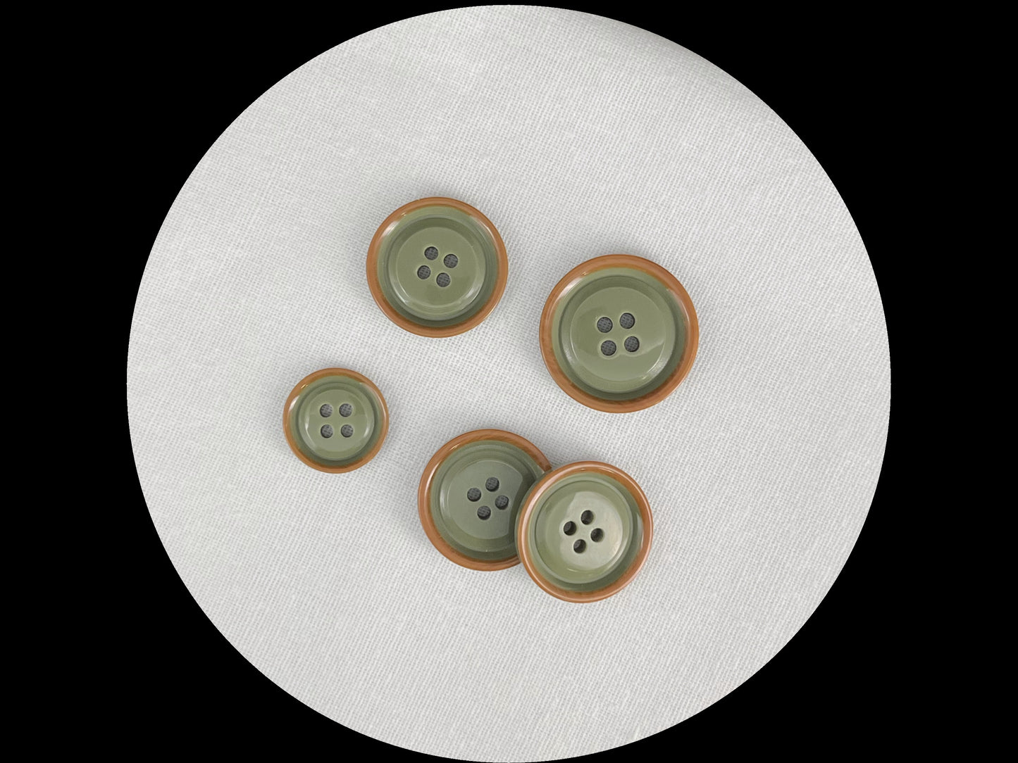 Sage Green with Brown Rim Two Tone Buttons, 15mm-23mm (24L-36L). 4-Hole Sew On for Suits, Pants, Dresses, Coats, Jackets & Sweaters