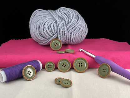 Sage Green with Brown Rim Two Tone Buttons, 15mm-23mm (24L-36L). 4-Hole Sew On for Suits, Pants, Dresses, Coats, Jackets & Sweaters