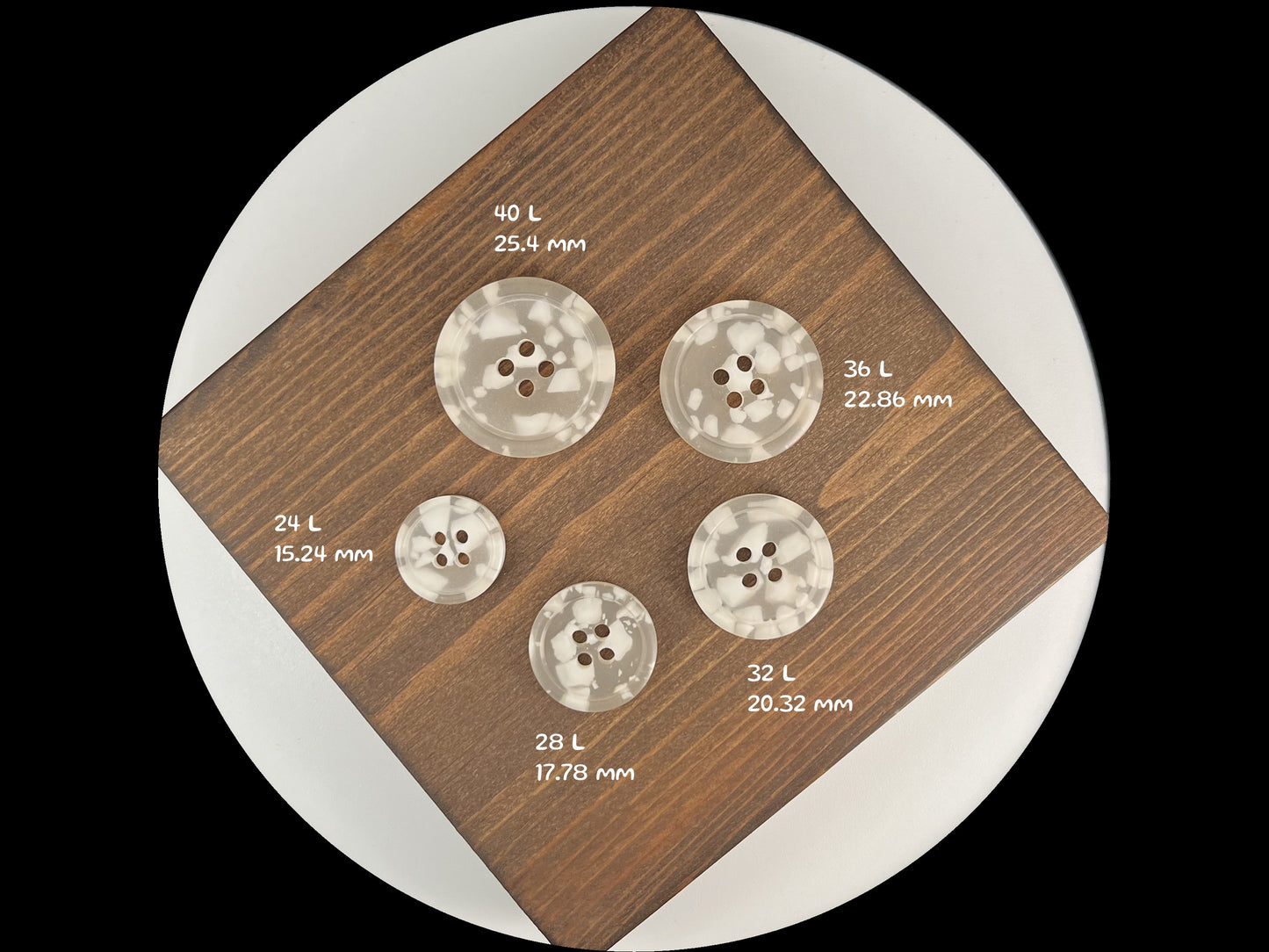 White Camouflage Buttons, 15-25mm (24L-40L). Multi Colored. 4-Hole Sew On for Suits, Pants, Dresses, Coats, Jackets & Sweaters