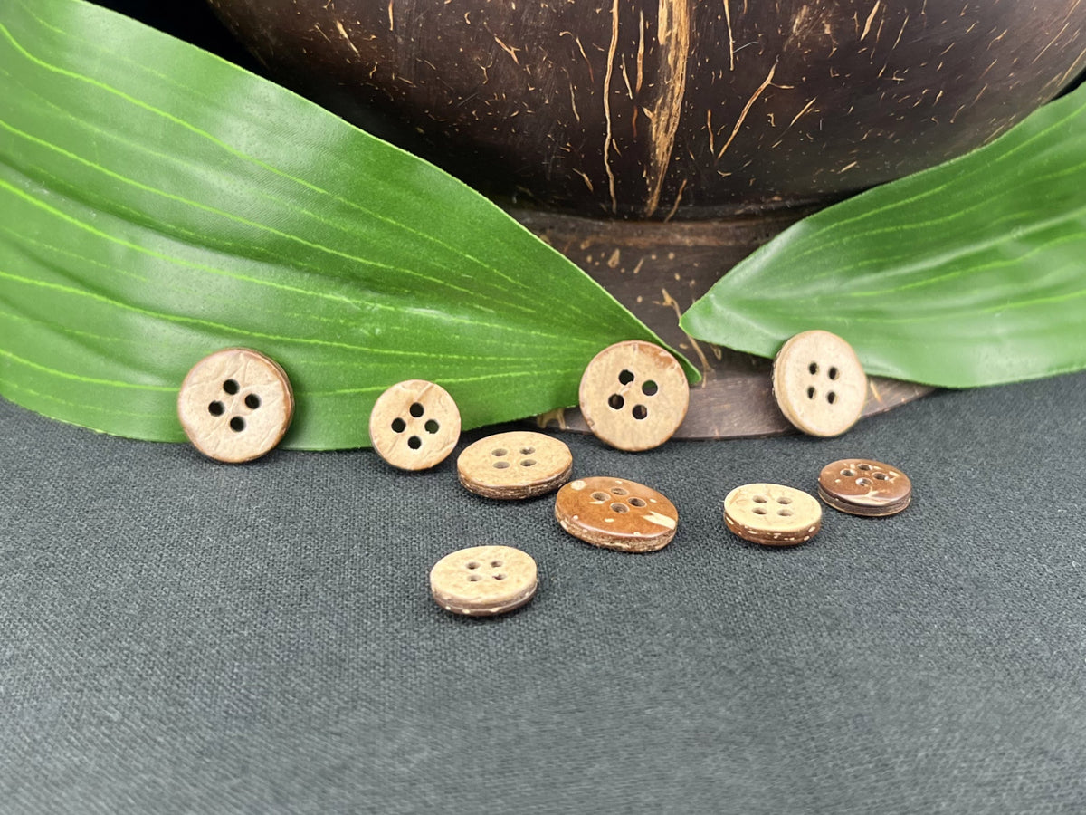 Coconut Shell Buttons, Natural, 10–12.7mm (16L & 20L). 4-Hole Sew On for Shirts, Blouses, Linen & Craft Projects