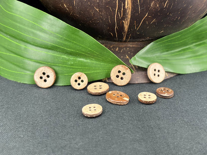 Coconut Shell Buttons, Natural, 10–12.7mm (16L & 20L). 4-Hole Sew On for Shirts, Blouses, Linen & Craft Projects