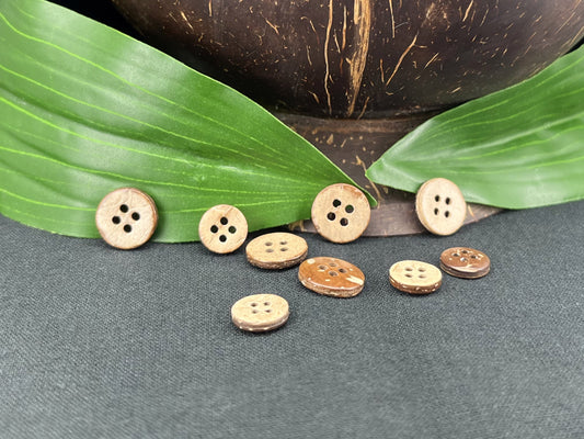 Coconut Shell Buttons, Natural, 10–12.7mm (16L & 20L). 4-Hole Sew On for Shirts, Blouses, Linen & Craft Projects