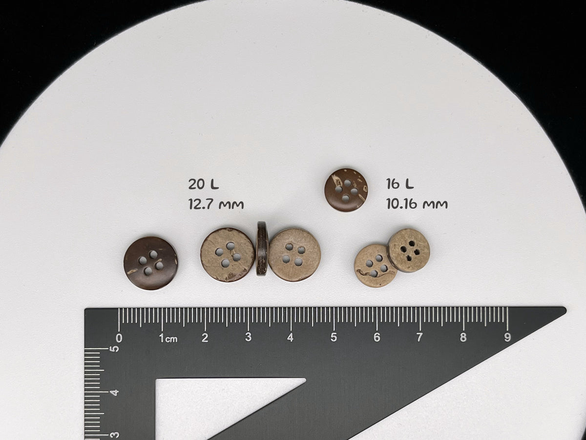 Coconut Shell Buttons, Natural, 10–12.7mm (16L & 20L). 4-Hole Sew On for Shirts, Blouses, Linen & Craft Projects