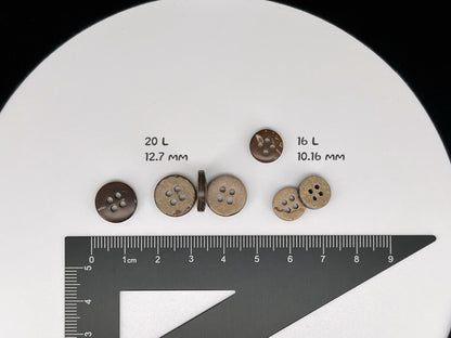 Coconut Shell Buttons, Natural, 10–12.7mm (16L & 20L). 4-Hole Sew On for Shirts, Blouses, Linen & Craft Projects