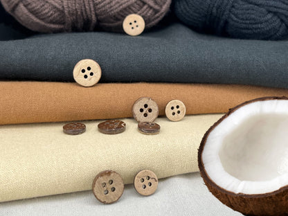 Coconut Shell Buttons, Natural, 10–12.7mm (16L & 20L). 4-Hole Sew On for Shirts, Blouses, Linen & Craft Projects
