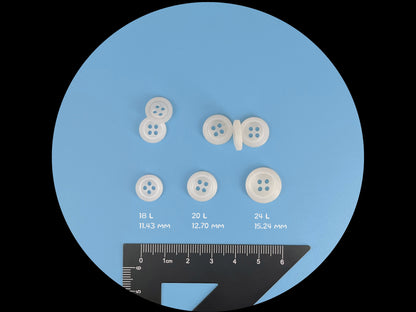 White Pearl Imitation Buttons, Recycled Plastic, 11.5mm-15mm (18L-24L), 4-Hole Sew On for Shirts, Pants, Blouses, Dresses & Craft projects