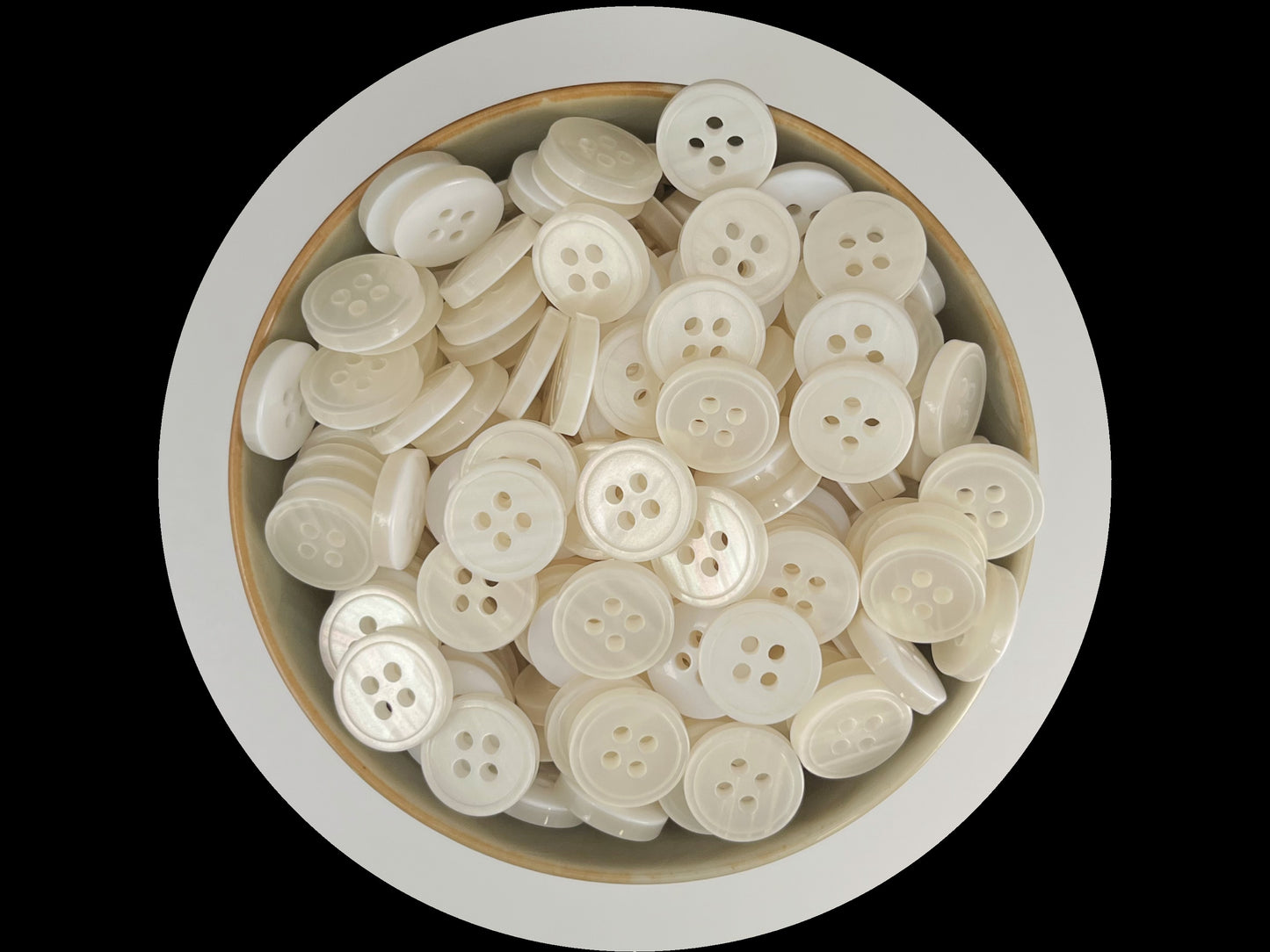 White Rimmed Pearl Imitation Buttons with Beautiful Effect, 9mm-11.5mm (14L-18L). 4-Hole Sew On for Shirts, Blouses & Apparel
