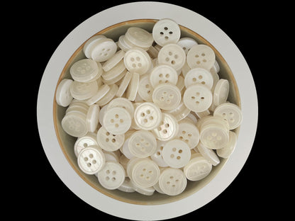 White Rimmed Pearl Imitation Buttons with Beautiful Effect, 9mm-11.5mm (14L-18L). 4-Hole Sew On for Shirts, Blouses & Apparel