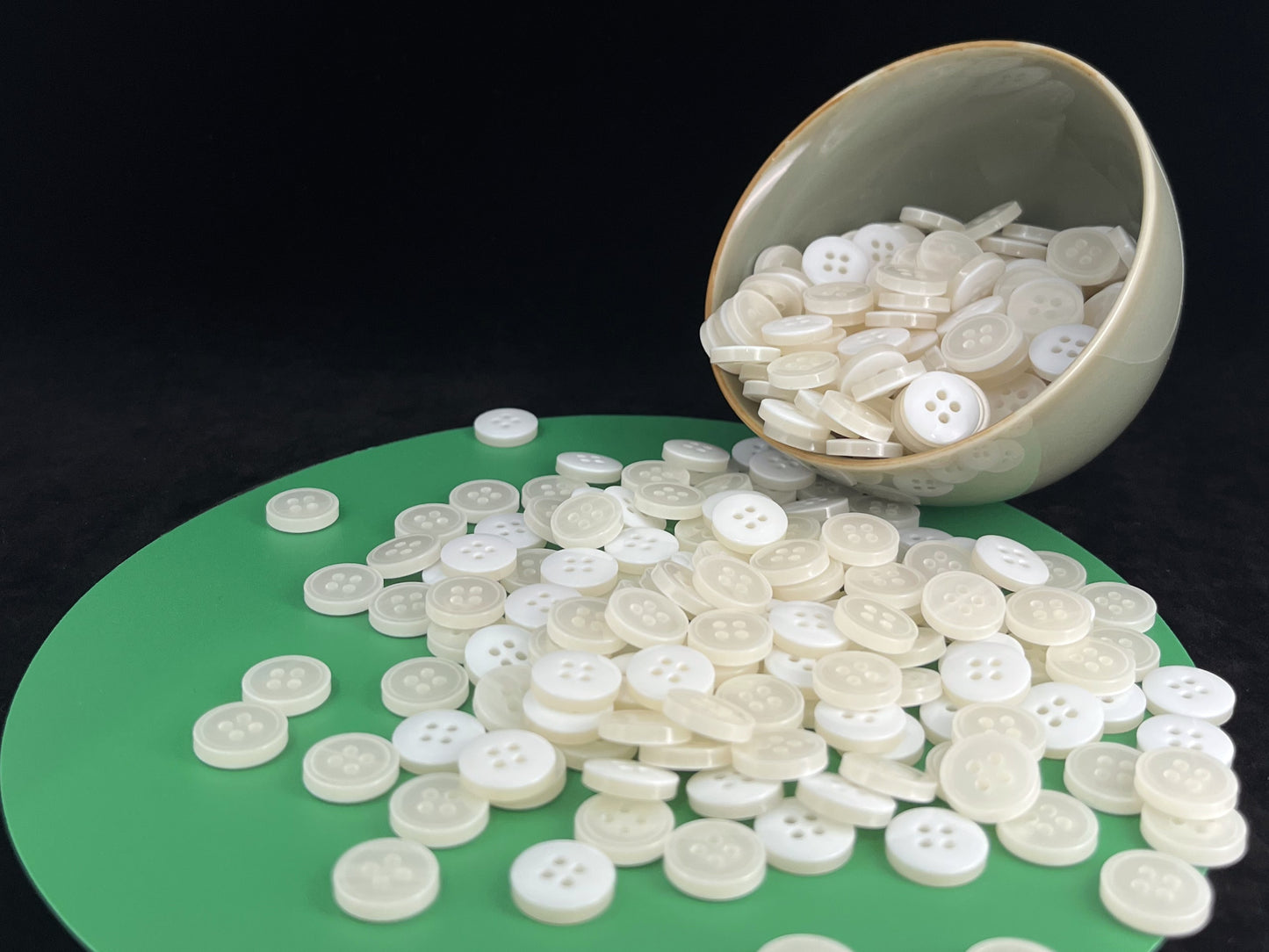 White Rimmed Pearl Imitation Buttons with Beautiful Effect, 9mm-11.5mm (14L-18L). 4-Hole Sew On for Shirts, Blouses & Apparel