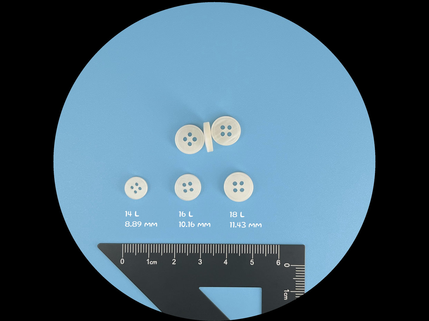 White Rimmed Pearl Imitation Buttons with Beautiful Effect, 9mm-11.5mm (14L-18L). 4-Hole Sew On for Shirts, Blouses & Apparel