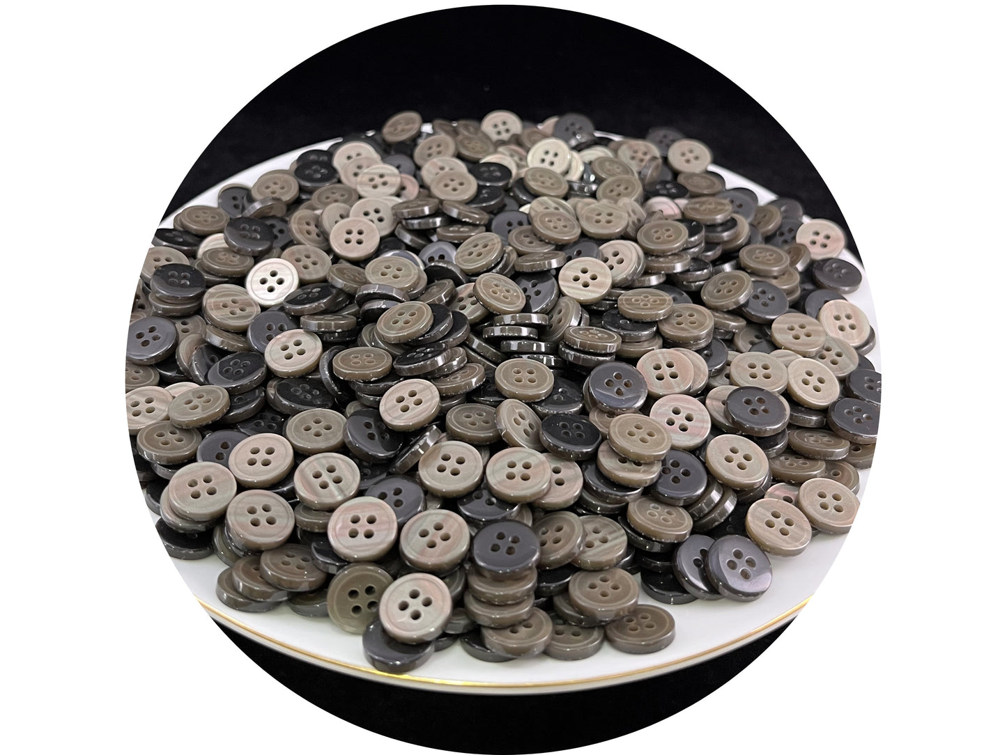 Light Neutral Rimmed Pearl Imitation Buttons with Beautiful Effect, 9mm-11.5mm (14L-18L). 4-Hole Sew On for Shirts, Blouses & Apparel