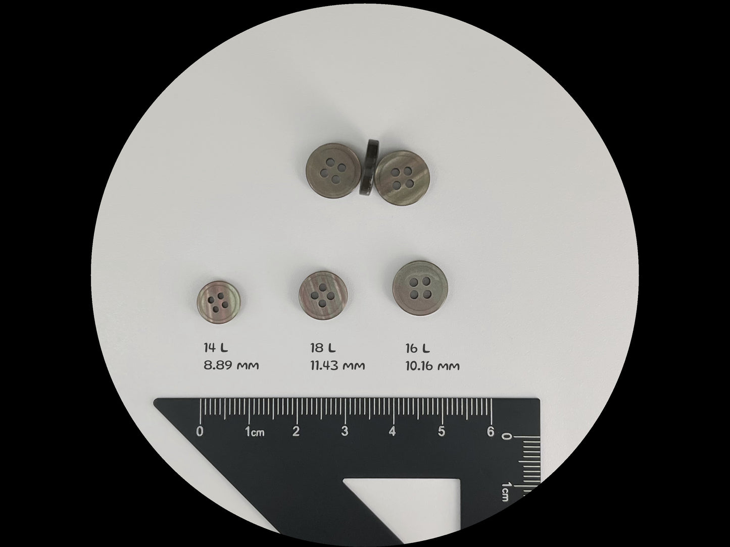 Light Neutral Rimmed Pearl Imitation Buttons with Beautiful Effect, 9mm-11.5mm (14L-18L). 4-Hole Sew On for Shirts, Blouses & Apparel