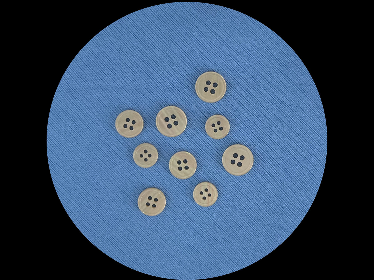 Beige Rimmed Pearl Imitation Buttons with Beautiful Effect, 9mm-11.5mm (14L-18L). 4-Hole Sew On for Shirts, Blouses & Apparel