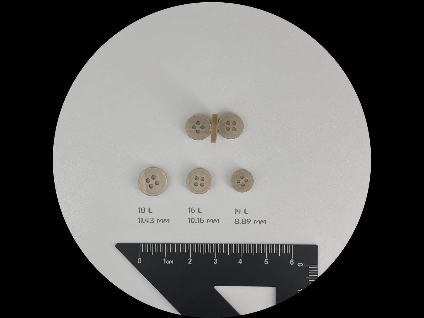 Beige Rimmed Pearl Imitation Buttons with Beautiful Effect, 9mm-11.5mm (14L-18L). 4-Hole Sew On for Shirts, Blouses & Apparel