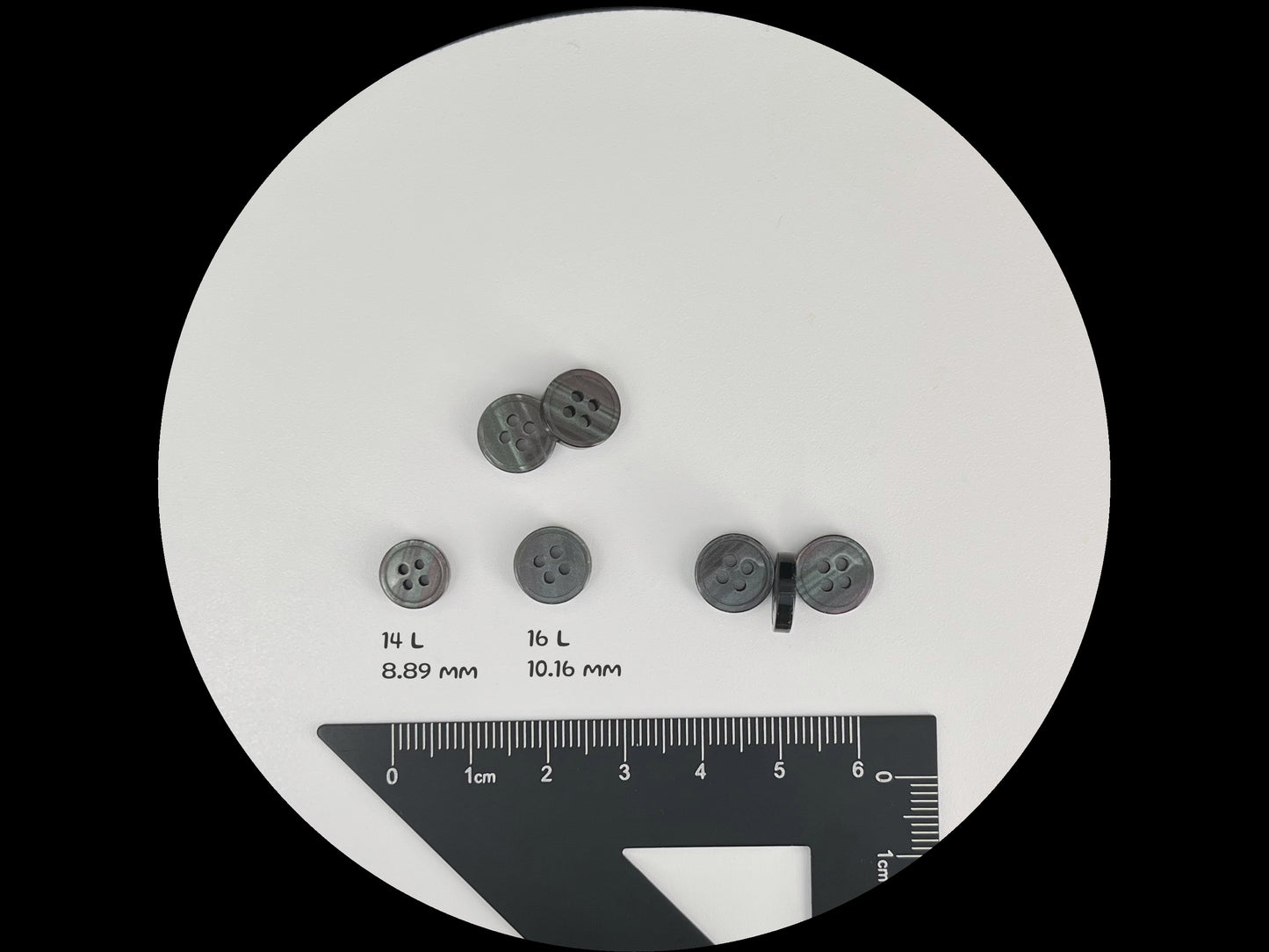 Light Grey Rimmed Pearl Imitation Buttons with Beautiful Effect, 9mm & 10mm (14L & 16L). 4-Hole Sew On for Shirts, Blouses & Apparel