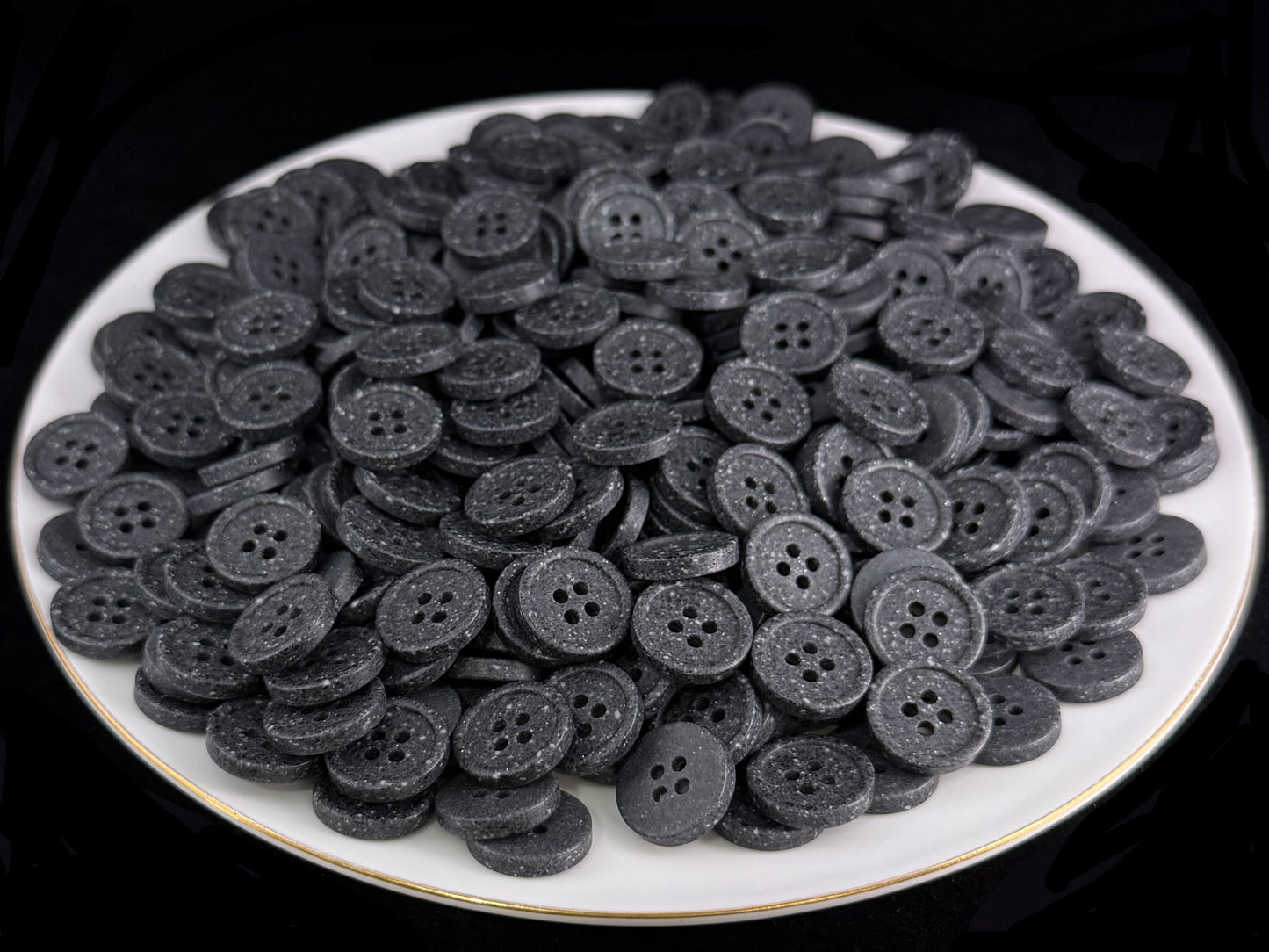 Black Stone Imitation Buttons, 10-20mm (16L-32L). Recycled Plastic, 4-Hole Sew On for Shirts, Pants, Dresses, Coats, Jackets