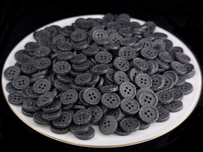 Black Stone Imitation Buttons, 10-20mm (16L-32L). Recycled Plastic, 4-Hole Sew On for Shirts, Pants, Dresses, Coats, Jackets