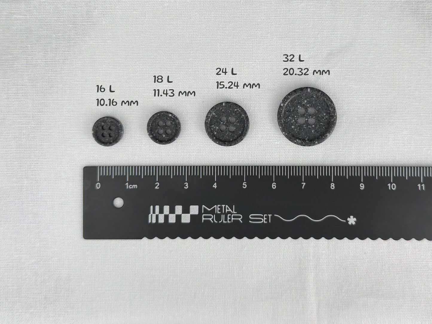 Black Stone Imitation Buttons, 10-20mm (16L-32L). Recycled Plastic, 4-Hole Sew On for Shirts, Pants, Dresses, Coats, Jackets