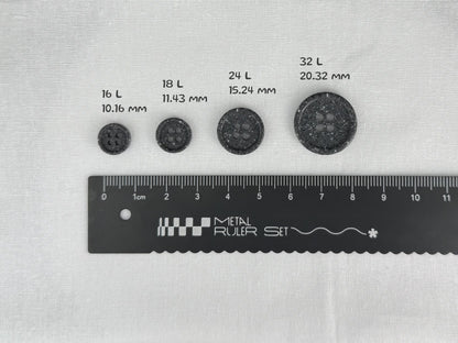 Black Stone Imitation Buttons, 10-20mm (16L-32L). Recycled Plastic, 4-Hole Sew On for Shirts, Pants, Dresses, Coats, Jackets