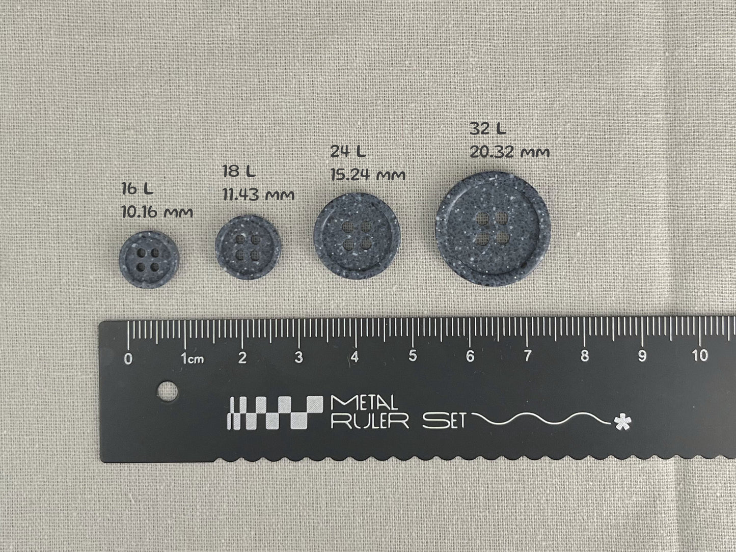 Navy Blue Stone Imitation Buttons, 10-20mm (16L-32L). Recycled Plastic, 4-Hole Sew On for Shirts, Pants, Dresses, Coats, Jackets