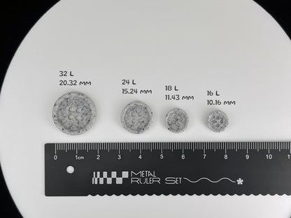 Light Grey Stone Imitation Buttons, 10-20mm (16L-32L). Recycled Plastic, 4-Hole Sew On for Shirts, Pants, Dresses, Coats, Jackets