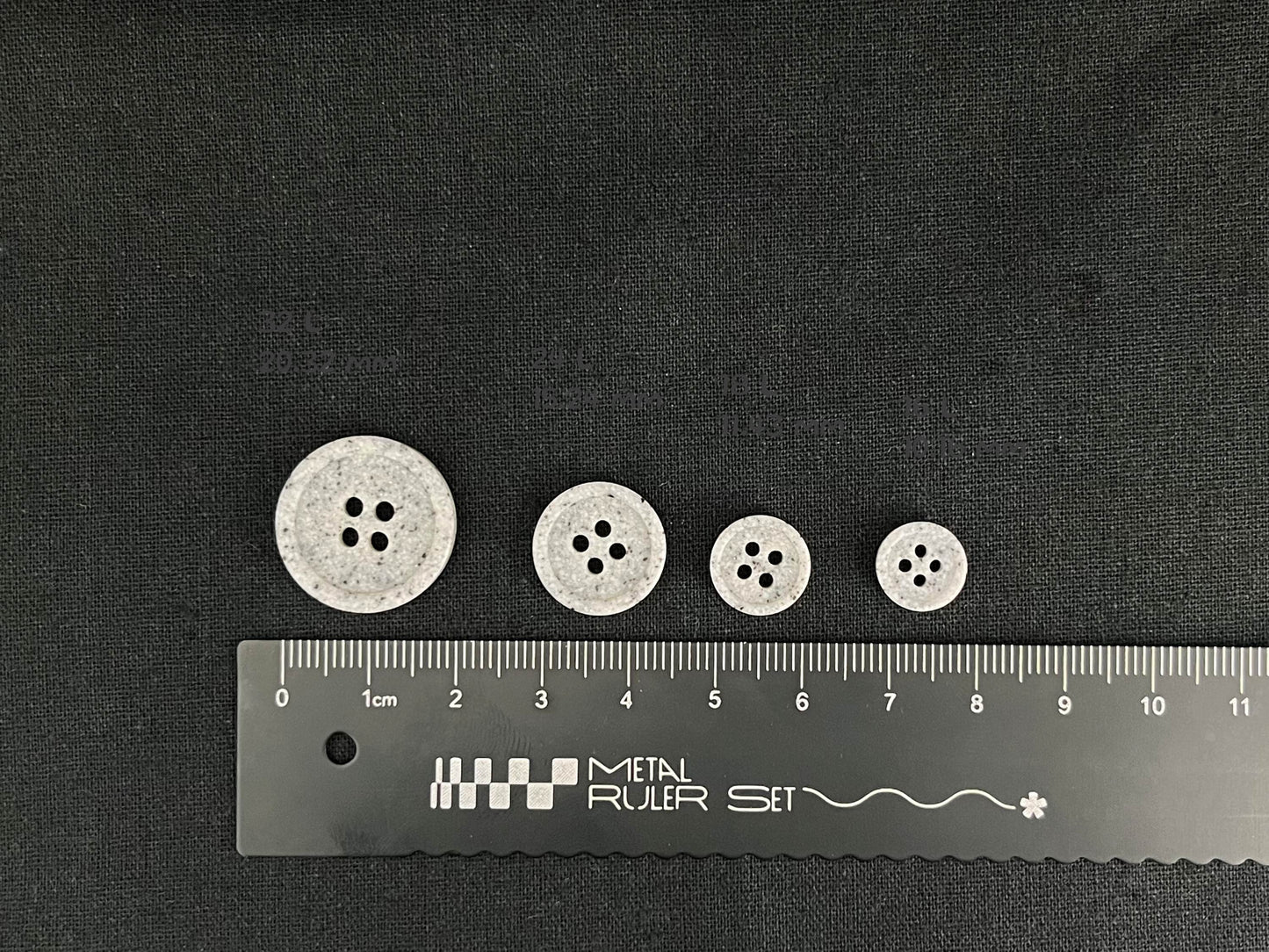Light Grey Stone Imitation Buttons, 10-20mm (16L-32L). Recycled Plastic, 4-Hole Sew On for Shirts, Pants, Dresses, Coats, Jackets