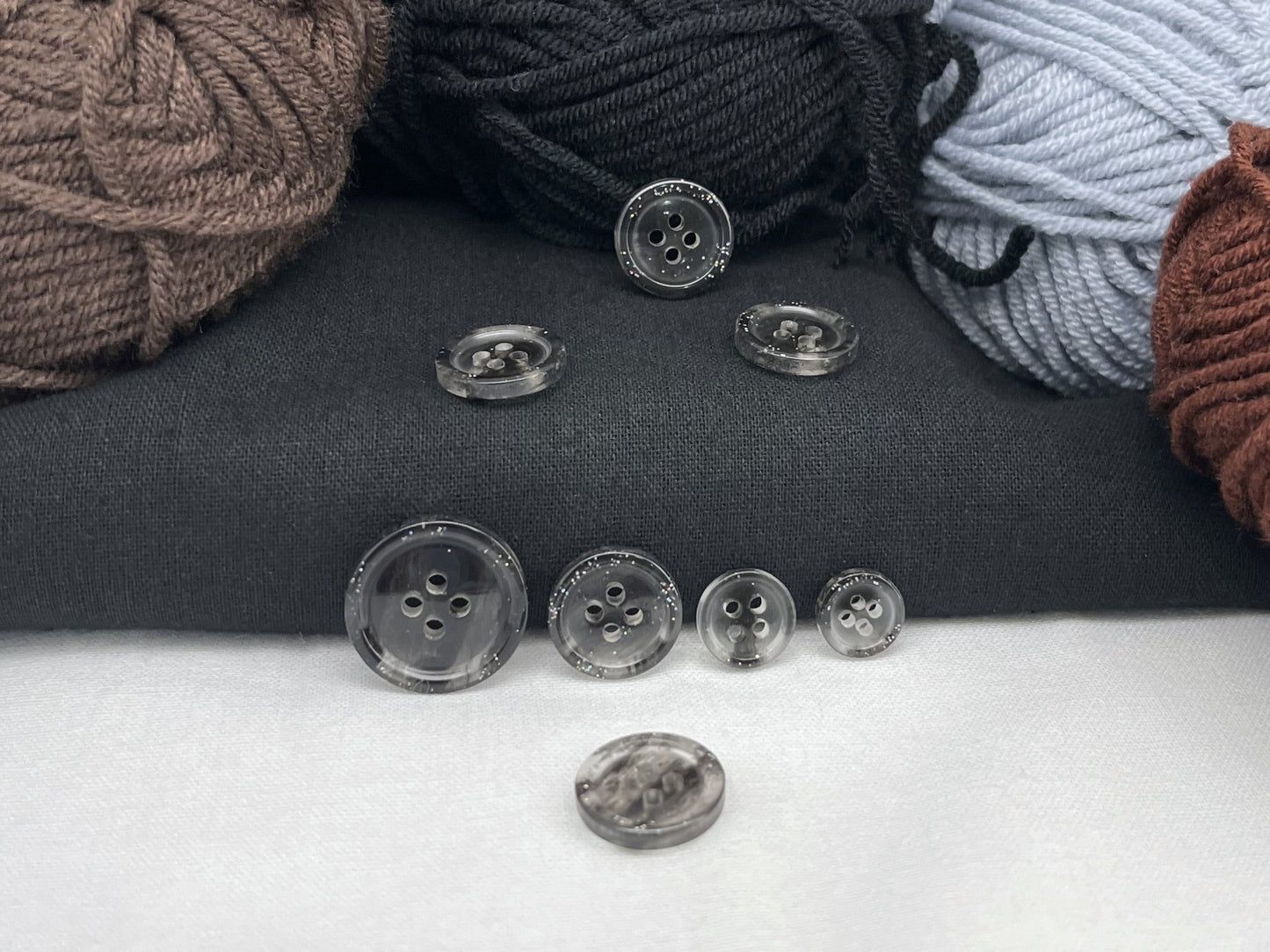 Black Marbled Pattern Buttons, Multi-Colored. 10-20mm (16L-32L). Recycled Plastic, 4-Hole Sew On for Shirts, Dresses, Coats, Jackets