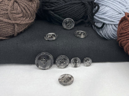 Black Marbled Pattern Buttons, Multi-Colored. 10-20mm (16L-32L). Recycled Plastic, 4-Hole Sew On for Shirts, Dresses, Coats, Jackets