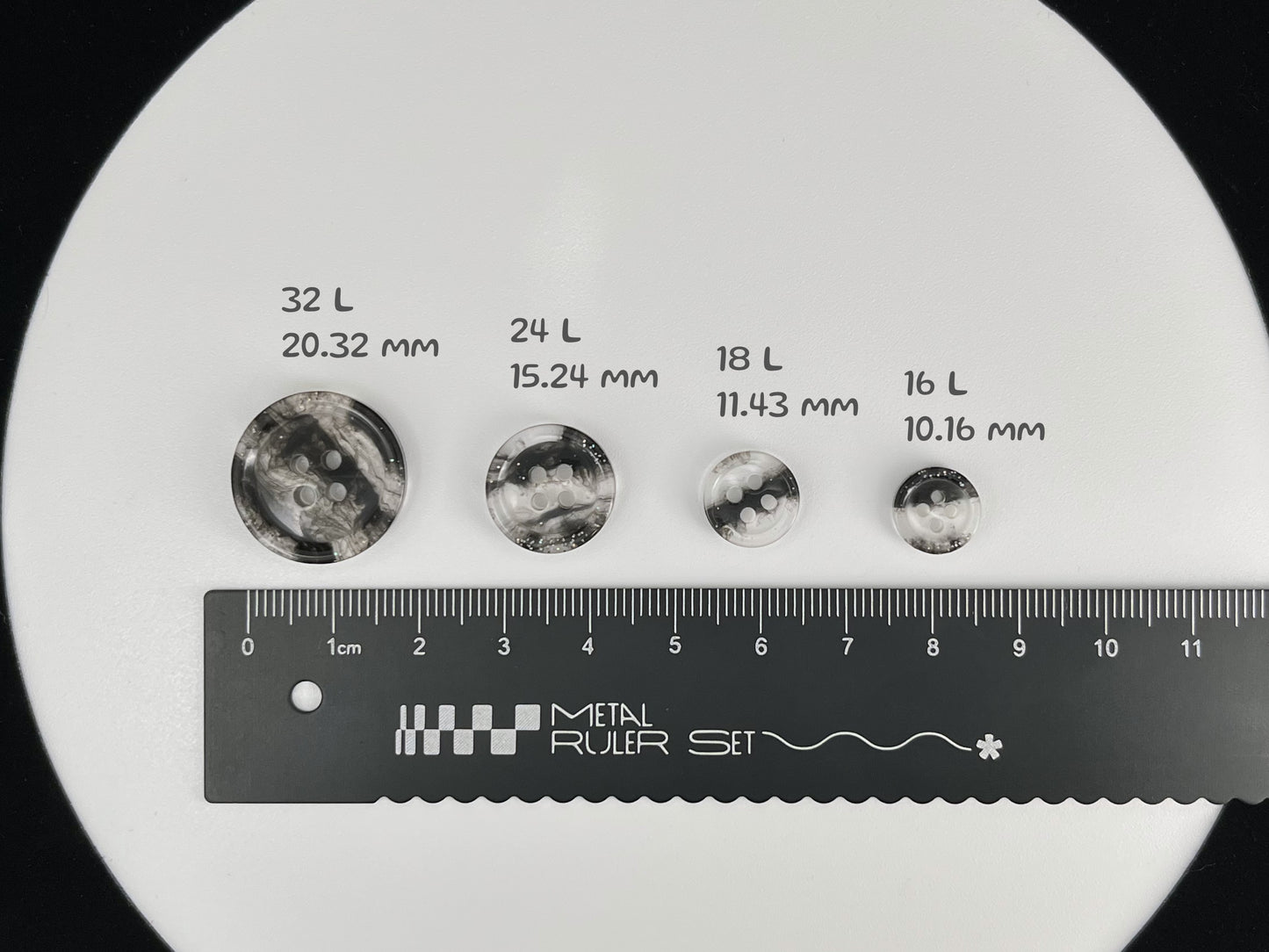Black Marbled Pattern Buttons, Multi-Colored. 10-20mm (16L-32L). Recycled Plastic, 4-Hole Sew On for Shirts, Dresses, Coats, Jackets
