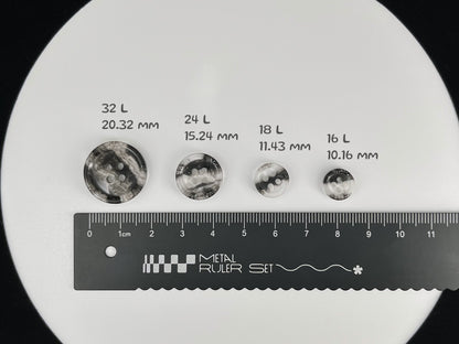 Black Marbled Pattern Buttons, Multi-Colored. 10-20mm (16L-32L). Recycled Plastic, 4-Hole Sew On for Shirts, Dresses, Coats, Jackets