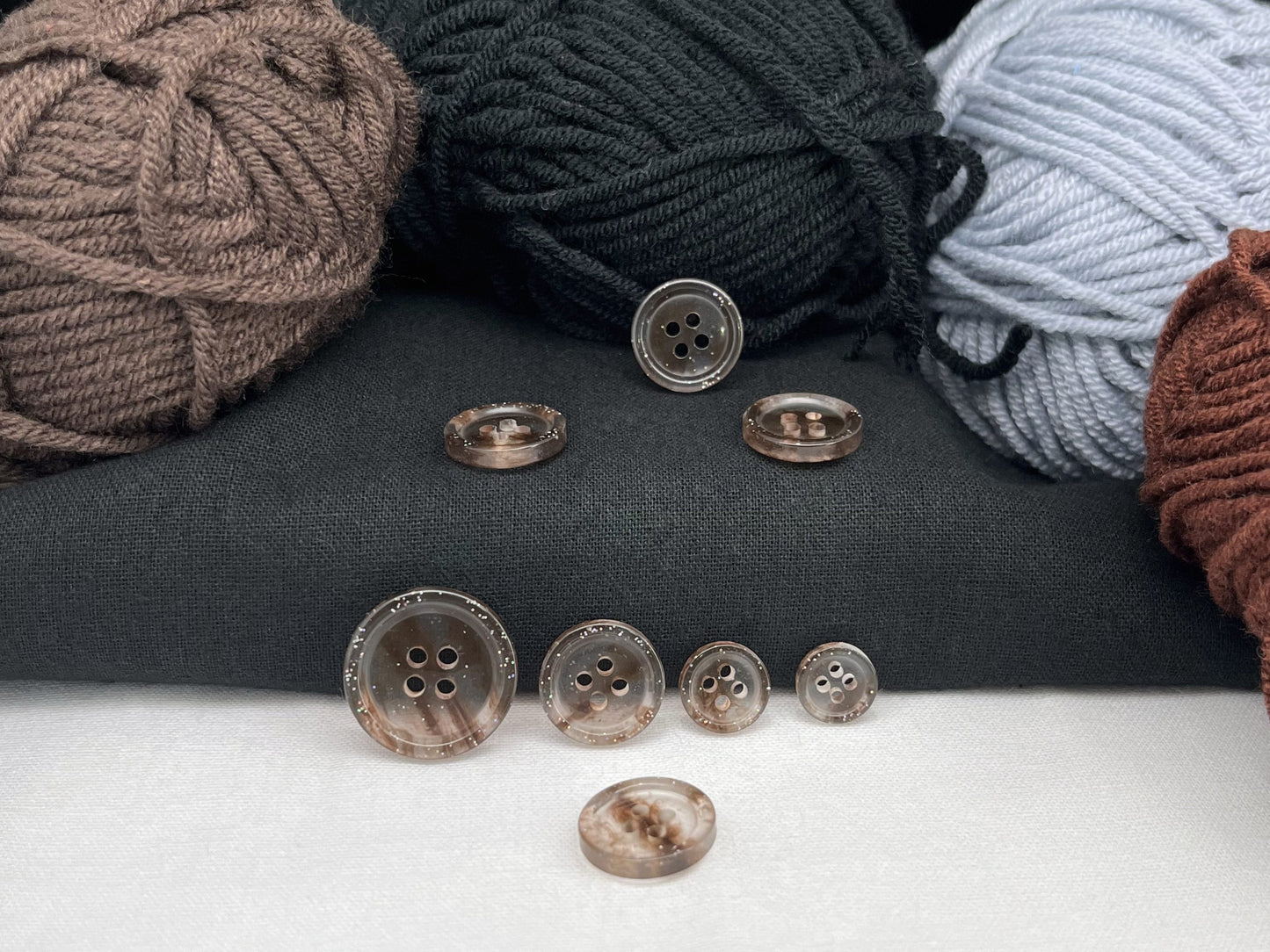 Coffee Brown Marbled Pattern Buttons, Multi-Colored. 10-20mm (16L-32L). Recycled Plastic, 4-Hole Sew On for Shirts, Dresses, Coats, Jackets