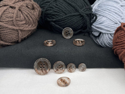 Coffee Brown Marbled Pattern Buttons, Multi-Colored. 10-20mm (16L-32L). Recycled Plastic, 4-Hole Sew On for Shirts, Dresses, Coats, Jackets