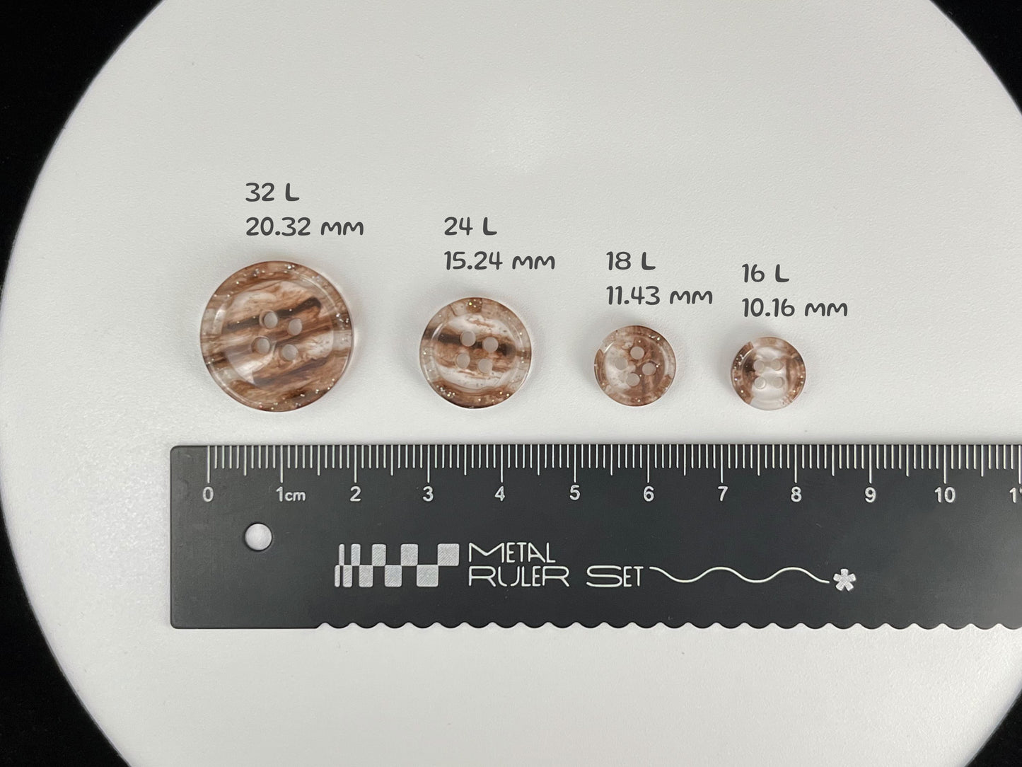 Coffee Brown Marbled Pattern Buttons, Multi-Colored. 10-20mm (16L-32L). Recycled Plastic, 4-Hole Sew On for Shirts, Dresses, Coats, Jackets