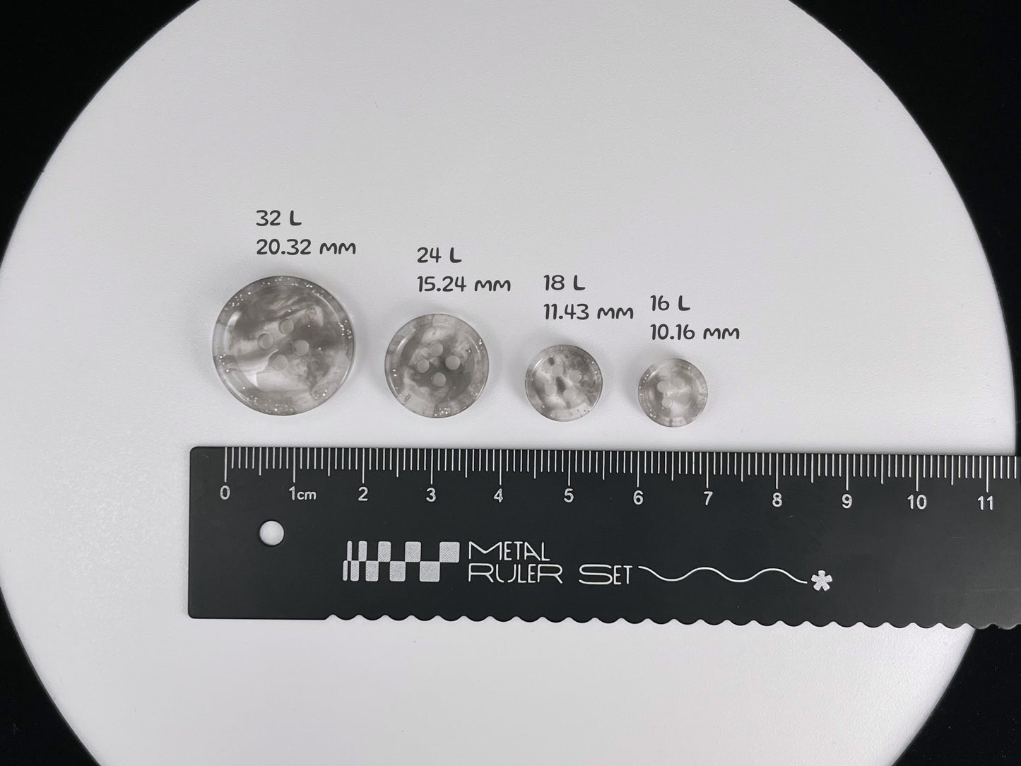 Grey Marbled Pattern Buttons, Multi-Colored. 10-20mm (16L-32L). Recycled Plastic, 4-Hole Sew On for Shirts, Dresses, Coats, Jackets