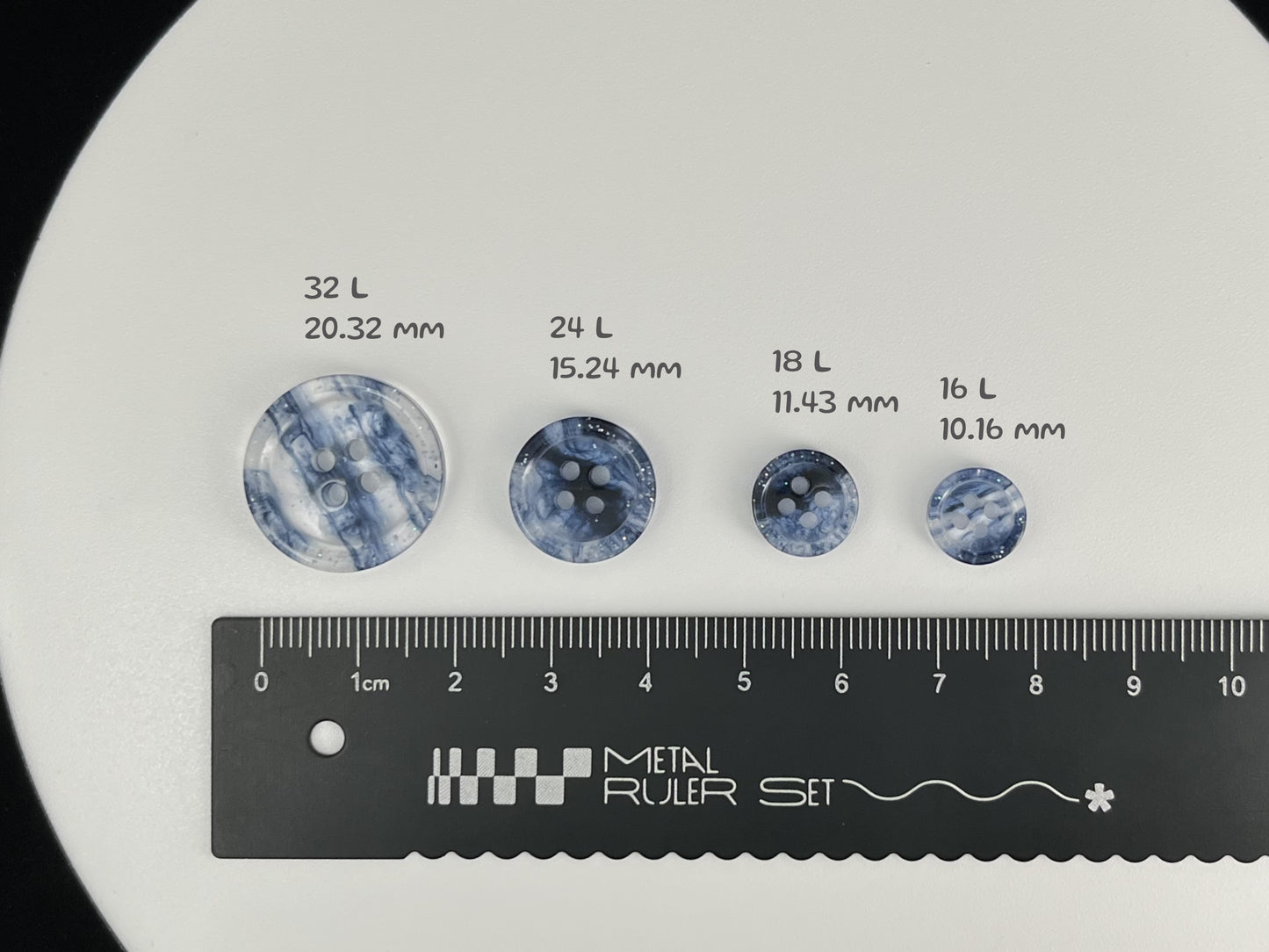 Navy Blue Marbled Pattern Buttons, Multi-Colored. 10-20mm (16L-32L). Recycled Plastic, 4-Hole Sew On for Shirts, Dresses, Coats, Jackets