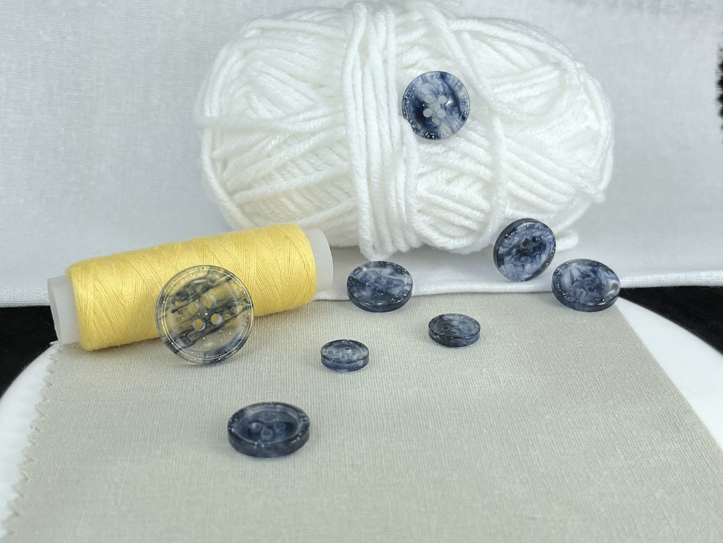 Navy Blue Marbled Pattern Buttons, Multi-Colored. 10-20mm (16L-32L). Recycled Plastic, 4-Hole Sew On for Shirts, Dresses, Coats, Jackets