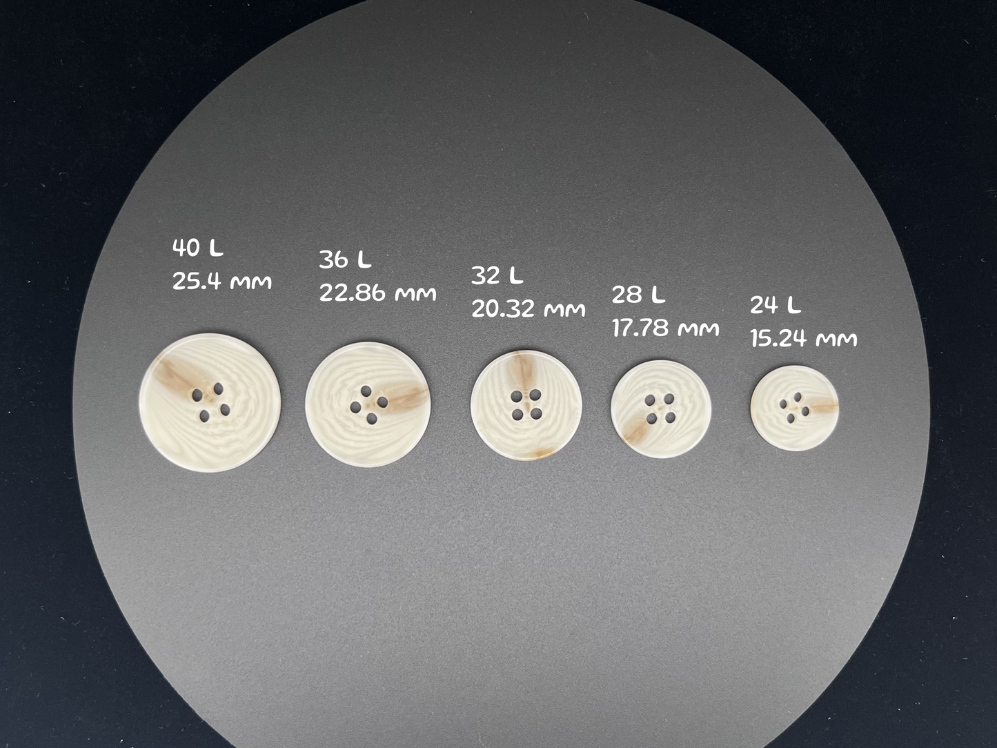 Natural Cream Horn Imitation Buttons, 15-25mm (24L-40L). 4-Hole Sew On for Pants, Dresses, Coats, Jackets, Sweaters & Crafts