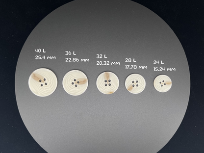 Natural Cream Horn Imitation Buttons, 15-25mm (24L-40L). 4-Hole Sew On for Pants, Dresses, Coats, Jackets, Sweaters & Crafts