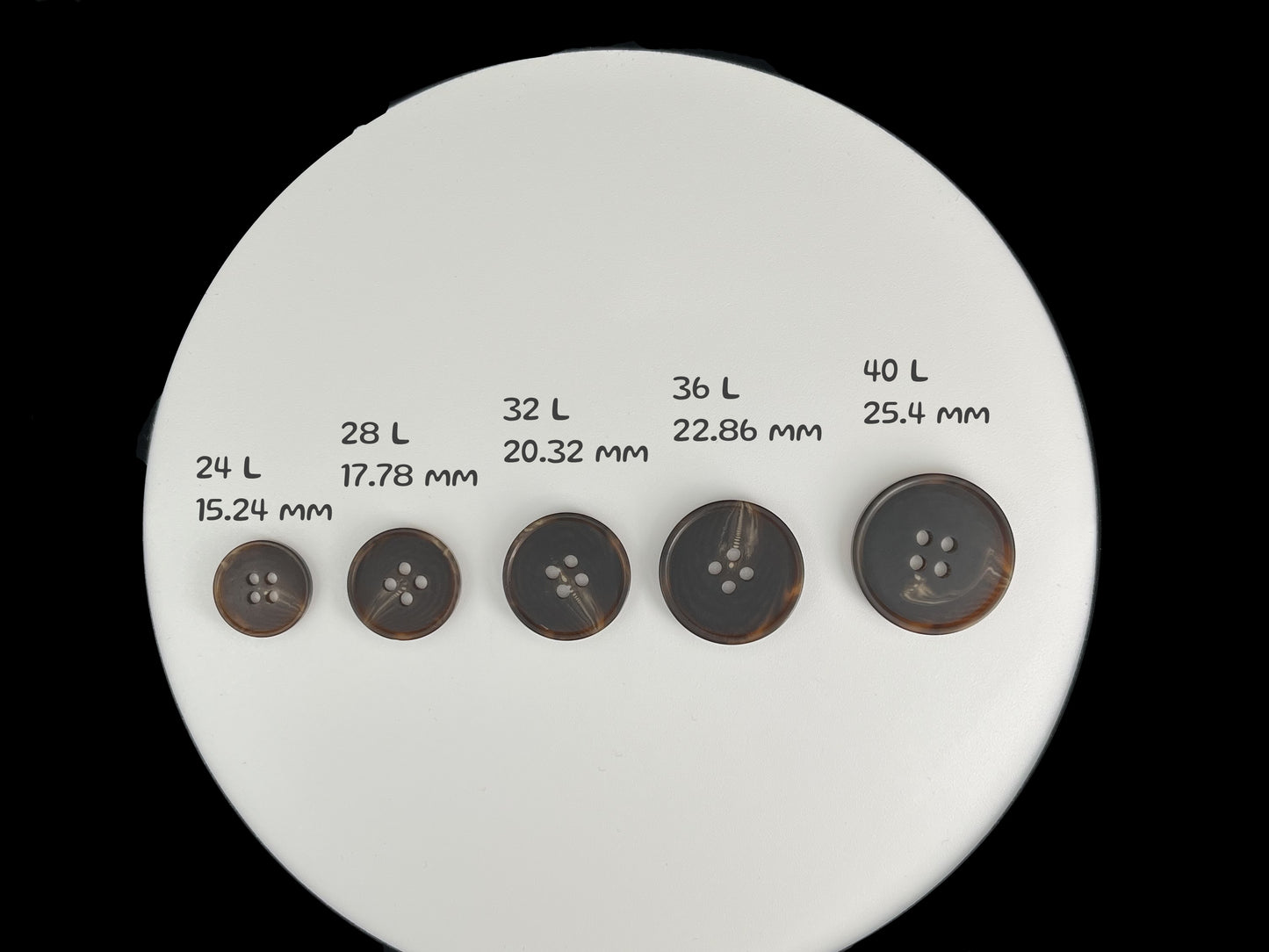 Dark Brown Horn Imitation Buttons, 15-25mm (24L-40L). 4-Hole Sew On for Pants, Dresses, Coats, Jackets, Sweaters & Crafts