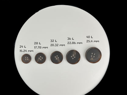 Dark Brown Horn Imitation Buttons, 15-25mm (24L-40L). 4-Hole Sew On for Pants, Dresses, Coats, Jackets, Sweaters & Crafts