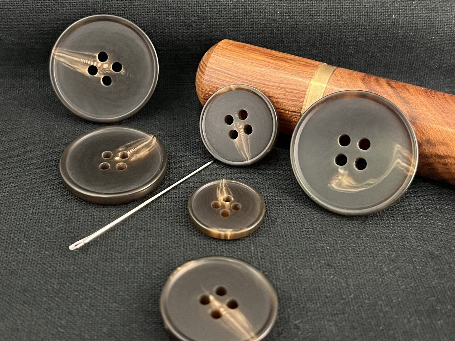 Dark Brown Horn Imitation Buttons, 15-25mm (24L-40L). 4-Hole Sew On for Pants, Dresses, Coats, Jackets, Sweaters & Crafts