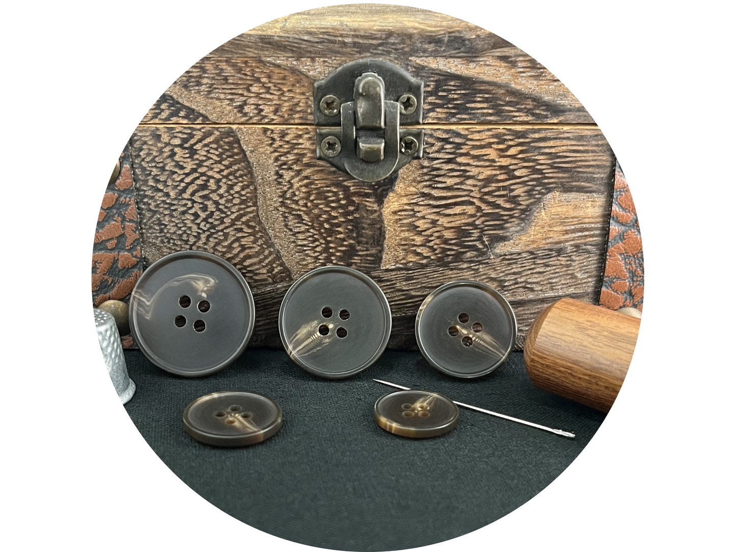 Dark Brown Horn Imitation Buttons, 15-25mm (24L-40L). 4-Hole Sew On for Pants, Dresses, Coats, Jackets, Sweaters & Crafts