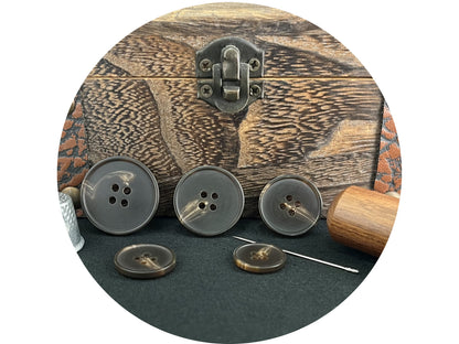 Dark Brown Horn Imitation Buttons, 15-25mm (24L-40L). 4-Hole Sew On for Pants, Dresses, Coats, Jackets, Sweaters & Crafts