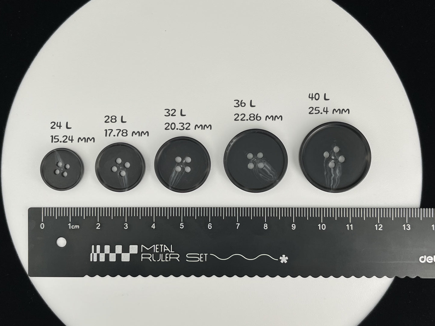 Black Horn Imitation Buttons, 15-25mm (24L-40L). 4-Hole Sew On for Pants, Dresses, Coats, Jackets, Sweaters & Crafts