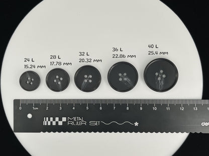 Black Horn Imitation Buttons, 15-25mm (24L-40L). 4-Hole Sew On for Pants, Dresses, Coats, Jackets, Sweaters & Crafts